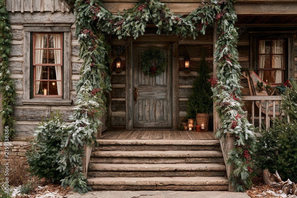 Fototapeta premium Wood cabin side porch with pine boughs, clean centered composition with layered depth.
