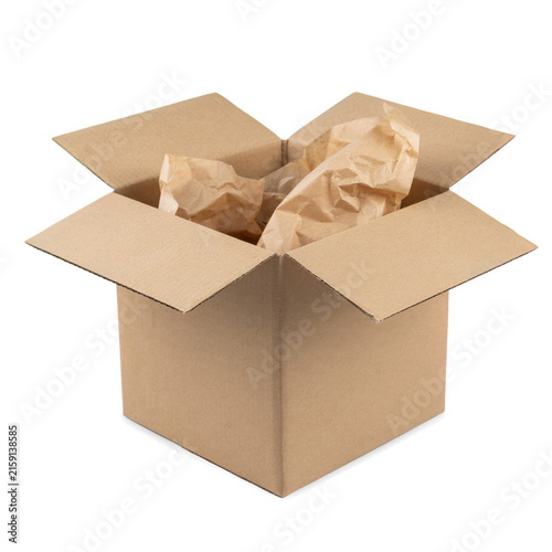 Open cardboard shipping box filled with crumpled brown protective paper isolated on transparent background
