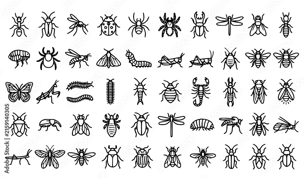 Obraz premium Insect Monoline Pest Vector Icons Ant Cockroach Spider Set