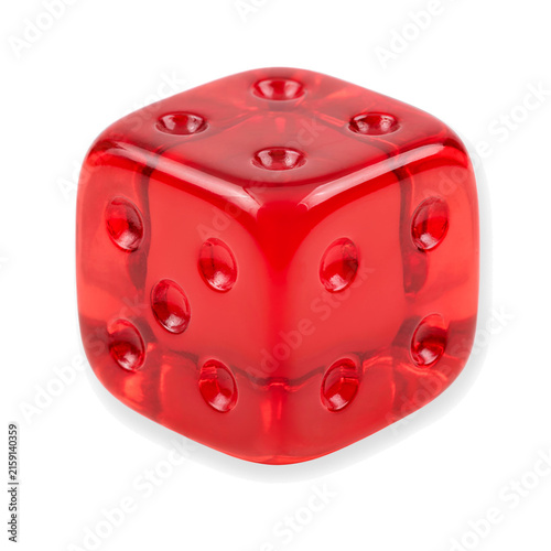 A single red translucent plastic gaming die isolated on transparent background