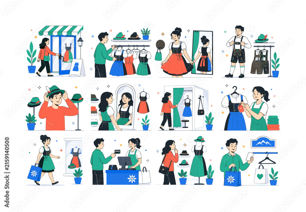Fototapeta premium Bavarian Outfit Shop. Storefronts, racks, dirndls, lederhosen, hats, mirrors, fitting rooms, prices, bags, registers, mannequins, receipts, and hangers. 12 minimalist editorial vector scenes: shopper