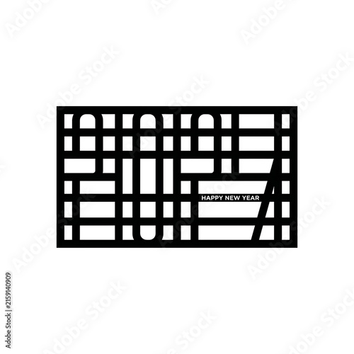 Black and white grid pattern 2027 happy new year text with linear frame on a white background
