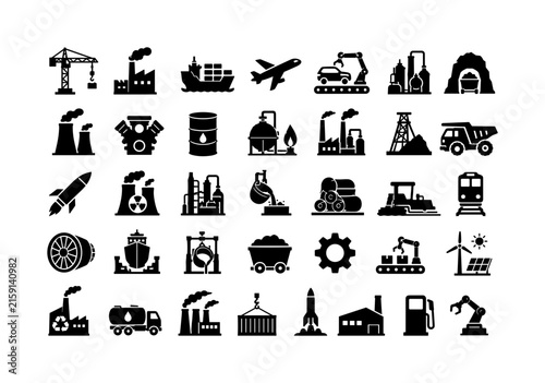 Heavy Industry Sectors, solid glyph icon set of 35 fully filled black icons in a 7x5 grid showing construction crane, heavy factory, cargo ship, aircraft, automotive plant, chemical factory, coal