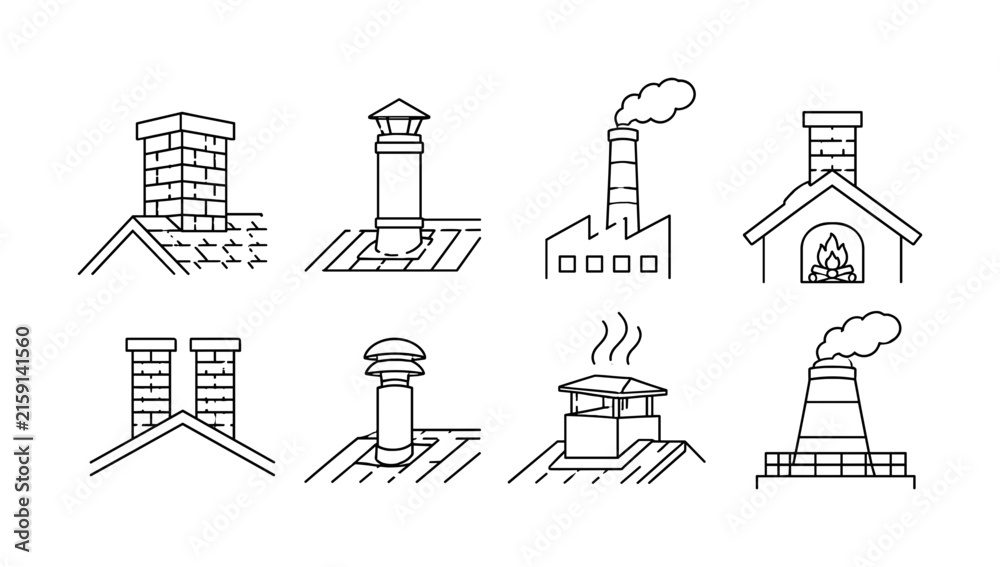 Fototapeta premium Chimney Rooftop Types, line icon set with 8 clean outline icons featuring brick chimney, metal flue, factory stack, fireplace chimney, double chimney, modern vent pipe, rooftop smoke outlet,
