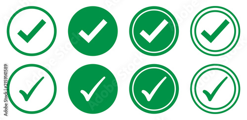 green checkmark sign icon set check mark vector illustration set inside circle and rectangle. Set of green check mark icons in different styles and shapes. Check tick mark icon set.