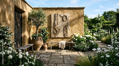 Ancient stone temple surrounded by blooming flowers.