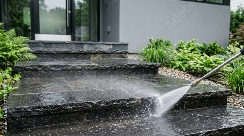 High pressure water jet cleans dark slate stairs during home exterior maintenance and professional outdoor restoration process.