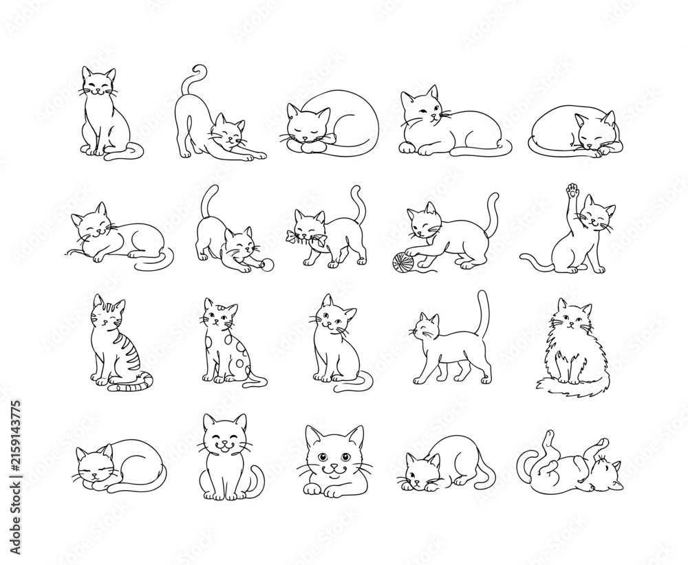 Obraz premium Playful Cat Poses, one-line drawing set, 20 continuous single-line cat illustrations including sitting cat, stretching kitten, sleeping cat, lying cat, resting cat, playful cat, fishbone cat,
