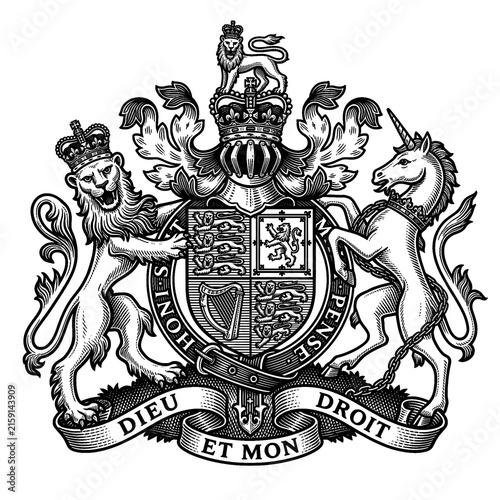 Vintage Engraved Royal Coat of Arms of the United Kingdom, Heraldic Lion and Unicorn Crest, Transparent PNG