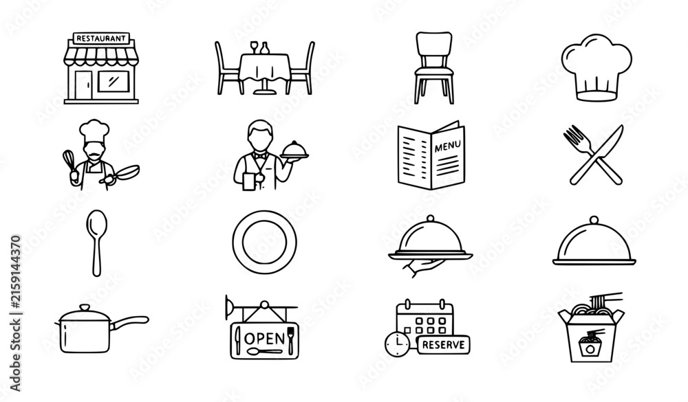 Fototapeta premium Restaurant Dining and Hospitality Thin Monochrome Line Vector Icon Set