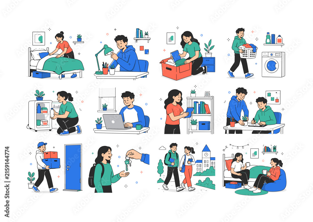 Fototapeta premium Dorm Room Essentials. College housing, bedding, lighting, storage, laundry, refrigerators, laptops, books, roommates, campus life, moving, and study spaces. 12 minimalist editorial vector scenes: