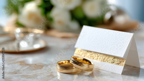 Luxury table setting closeup with gold wedding bands beside textured place card and blurred floral centerpiece for seating arrangement, escort card mockup and reception styling inspiration