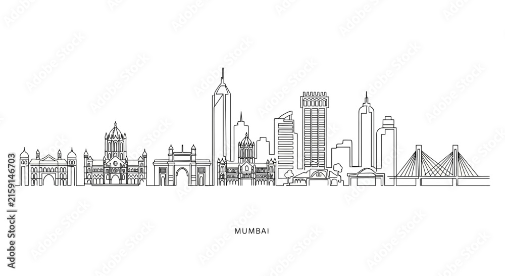 Fototapeta premium Mumbai Skyline Silhouette, India Cityscape, Line Art, Vector