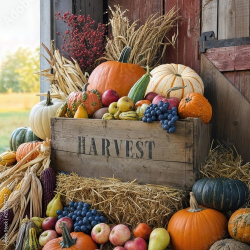 A rustic wooden crate labeled 'Harvest' sits amidst an assortment of pumpkins, gourds, corn, and fruits, framed by a barn backdrop and lush fields in the distance