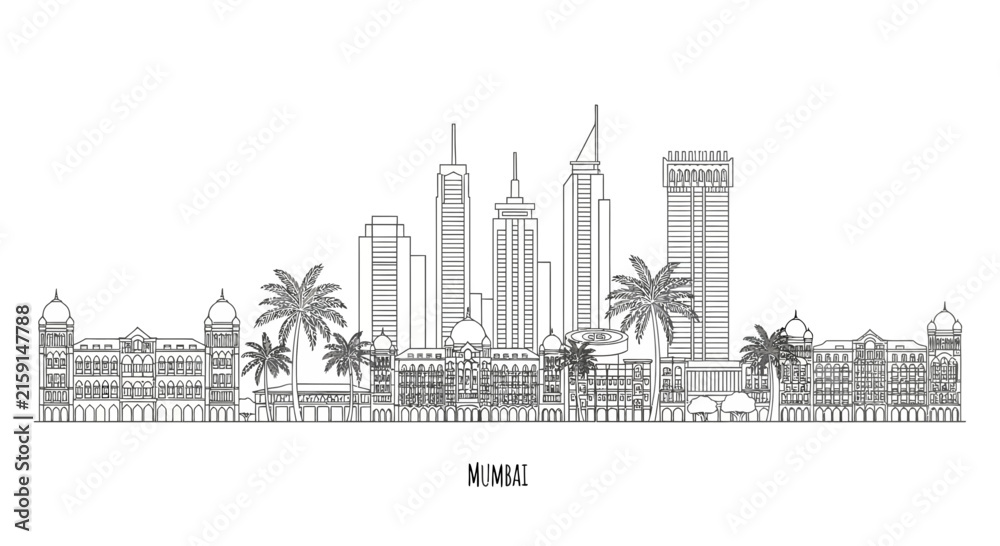 Naklejka premium Mumbai Skyline Line Drawing Silhouette Isolated on White Background