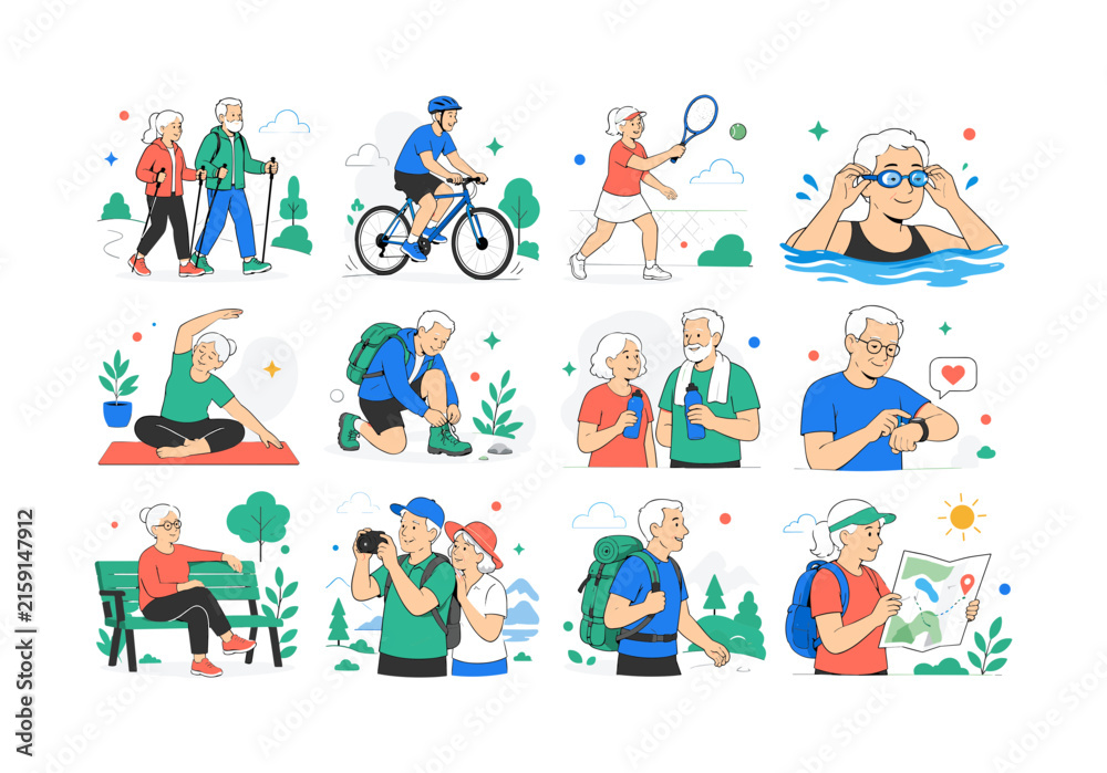 Fototapeta premium Active Seniors Lifestyle. Healthy aging, couples, walking poles, cycling, tennis, swimming, yoga, hiking, hydration, fitness tracking, parks, photography, backpacks, and outdoor planning. 12