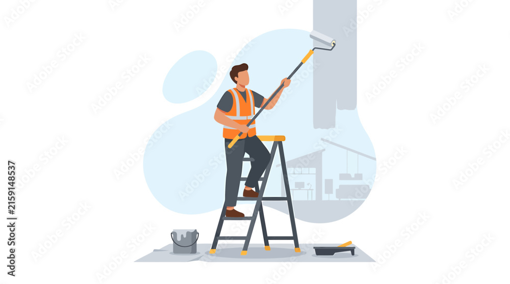 Fototapeta premium Painter Standing on Ladder Painting Wall in Modern Minimalist Interior