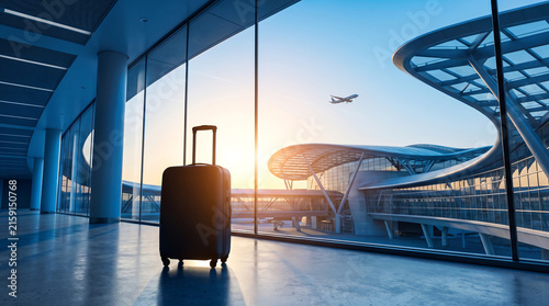 Travel suitcase standing in modern airport terminal with airplane taking off during bright sunset