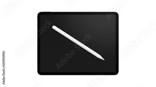 Black drawing tablet with white stylus, isolated on transparent background, minimal digital art pad shown with a diagonal pen resting across the dark screen. Advertising design and Branding.