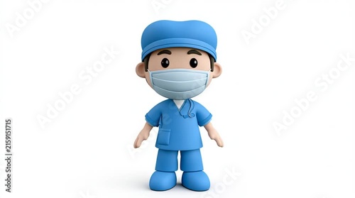 Friendly healthcare mascot wearing a modern medical uniform, realistic 3D character with a warm smile, designed for healthcare branding, education and promotional materials.