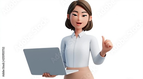 Smiling businesswoman holding a laptop and pointing forward, wearing a modern office outfit, isolated on a clean white background for professional business and marketing use.