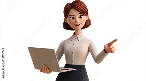 Smiling businesswoman holding a laptop and pointing forward, wearing a modern office outfit, isolated on a clean white background for professional business and marketing use.