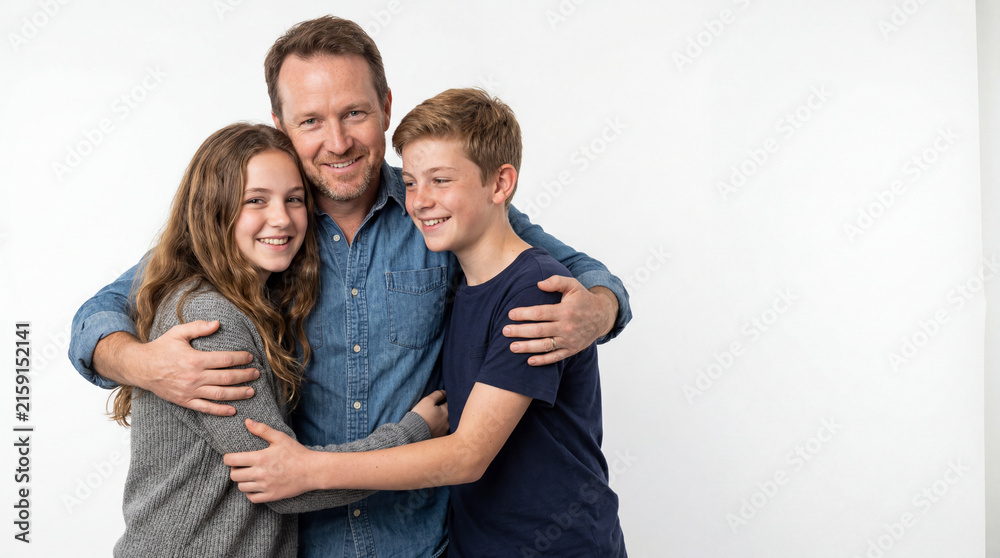 Fototapeta premium father hugging his teenage son and daughter together in studio setting family bonding and togetherness concept