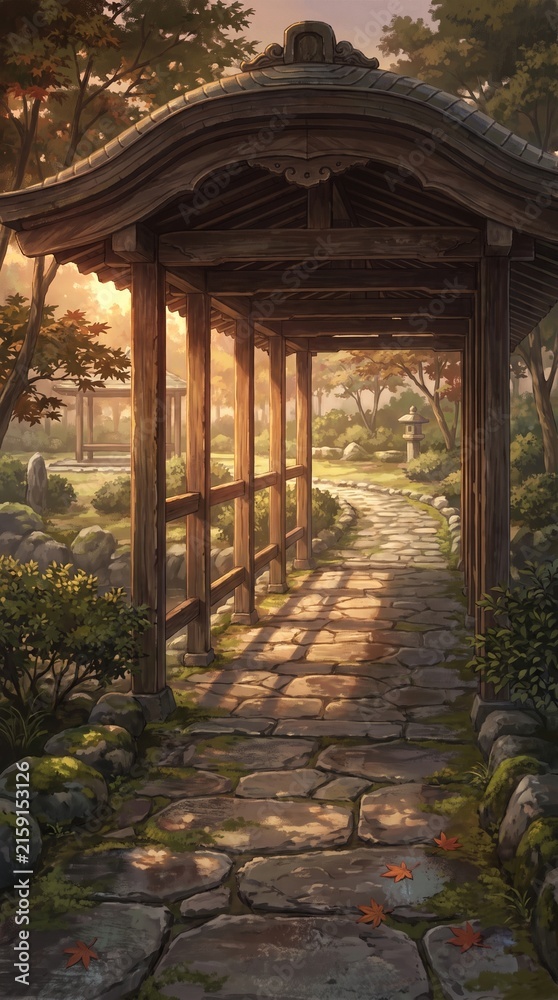 Obraz premium Japanese Temple Garden Path Beneath a Wooden Covered Walkway in Soft Evening Light