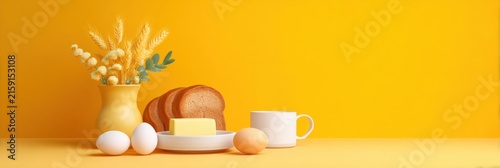 A minimalist breakfast setup with bread, butter, eggs, a white mug, and a vase of dried flowers on a yellow background.