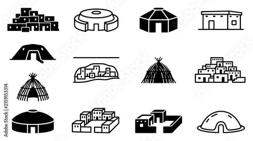 Traditional indigenous ancient building and shelter structure silhouette icons set.