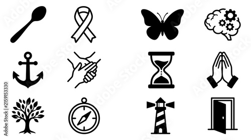 Universal symbols and nature icons including tree anchor lighthouse and compass.