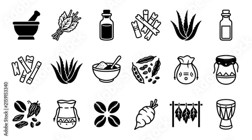 Natural apothecary herbal medicine equipment set black icons for wellness.