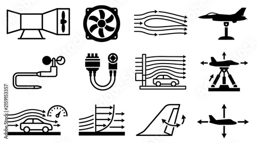 Aerodynamics engineering icons for research simulation and flow testing.