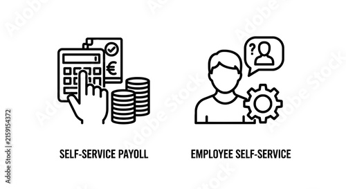 Self-service payroll and employee self-service linear icons with employee accounting calculator resources management business currency planning