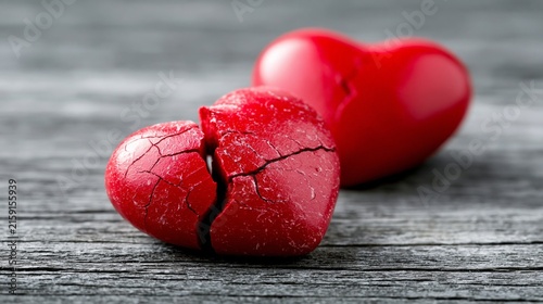 A broken heart symbolizing lost love and emotional pain on rustic wood background.