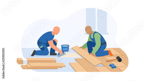 Flooring Workers Installing Laminate Wood Panels in a Modern Room
