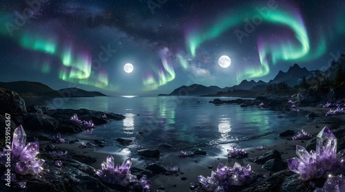 Dramatic aurora borealis over a mountainous landscape with glowing crystals and moons