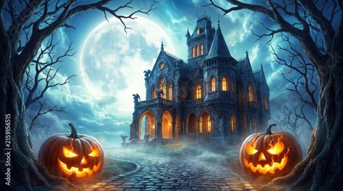 Spooky haunted house with glowing pumpkins at night under full moon