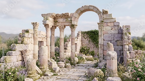 Ancient Roman ruins with weathered arches and columns.