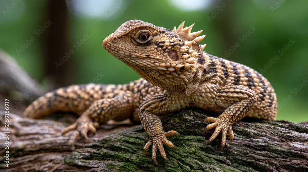 Fototapeta premium A close-up of a textured lizard resting on a log amidst lush greenery.