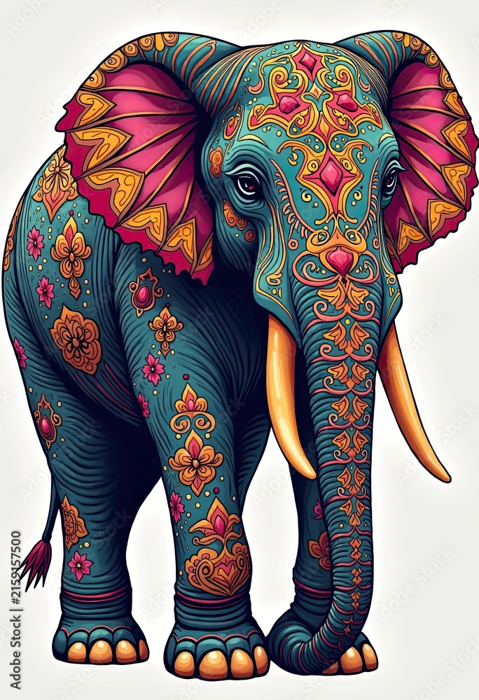 Obraz premium Colorful elephant adorned with vibrant floral patterns stands proudly
