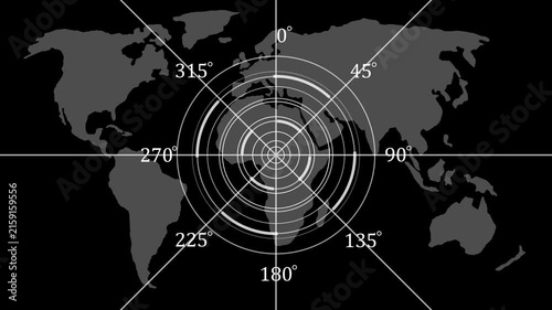 Digital map hud overlay with rotating radar scanner and compass coordinates for tech interface