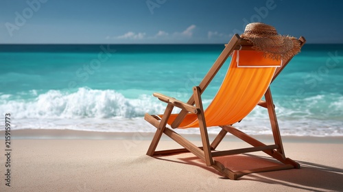 A serene beach scene featuring a vibrant chair overlooking a calm ocean.
