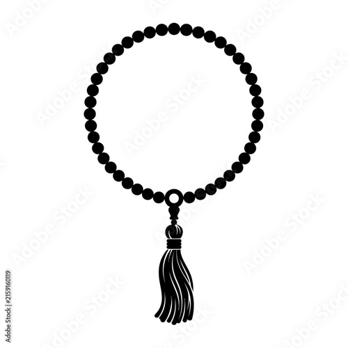 Islamic prayer beads with tassel vector, black tasbih subha illustration, religious rosary beads for meditation and dhikr isolated on White Background