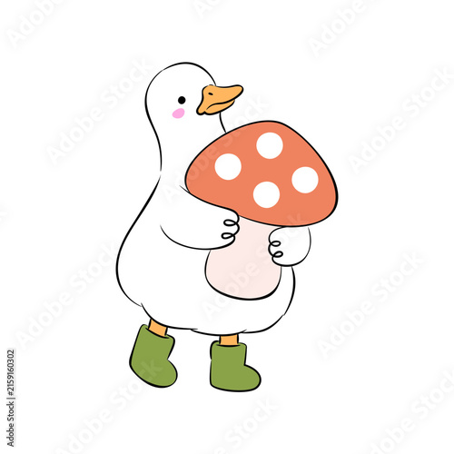 Cute goose holding red mushroom autumn cartoon vector illustration
