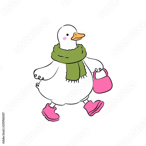 Cute goose with scarf and handbag autumn vector illustration