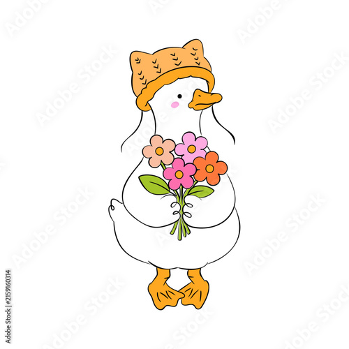 Cute goose holding flower bouquet autumn cartoon vector illustration