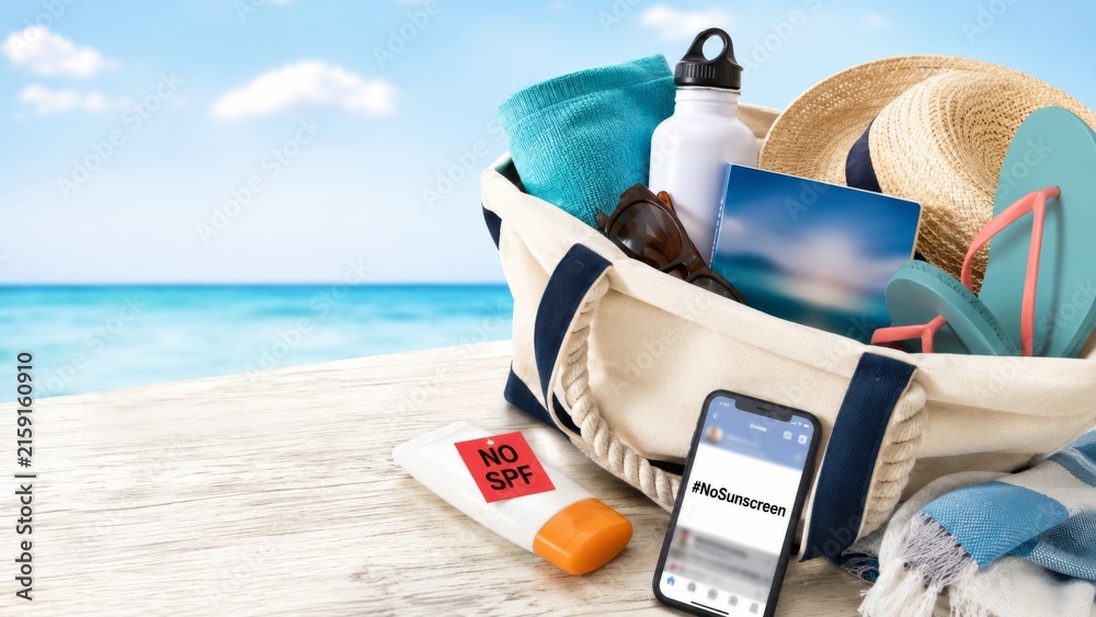 Fototapeta premium Beach essentials bag with no sunscreen on wooden table by the sea, summer travel