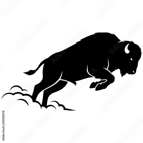 Powerful charging bison silhouette jumping with dust cloud, black wild buffalo vector illustration isolated on white background