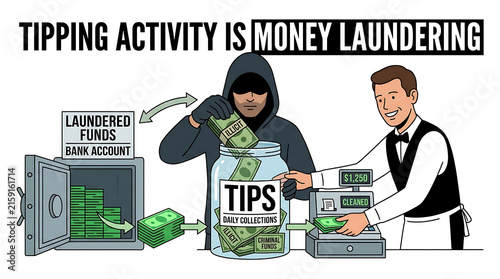 Money laundering scheme depicted with a criminal and a waiter.